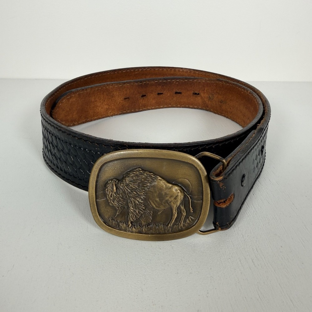 Vintage 1977 Bison Metal Brass Belt Buckle & Black Leather Belt 36" Western USA